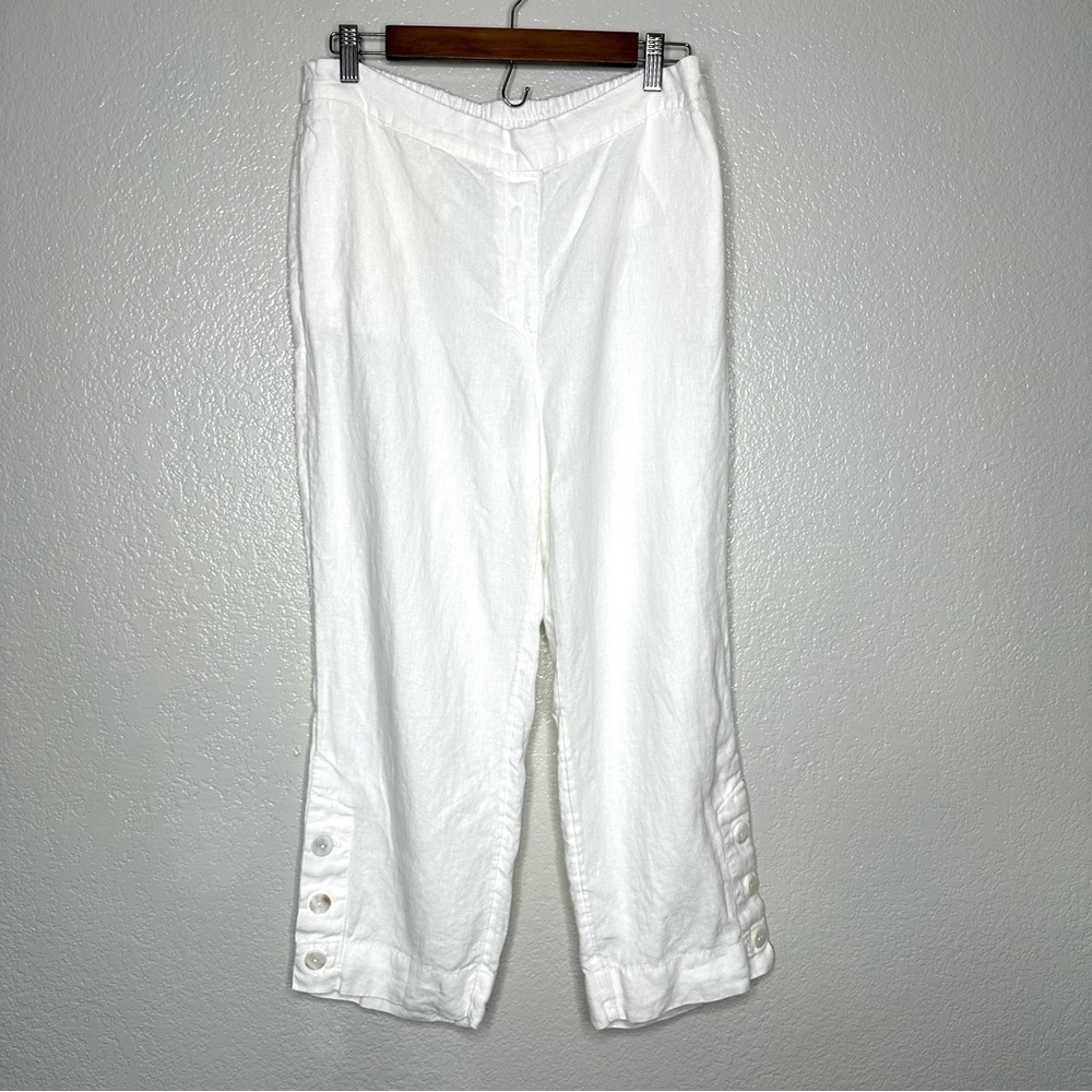 Chico's White Cropped Button-Hem Linen Blend Pants